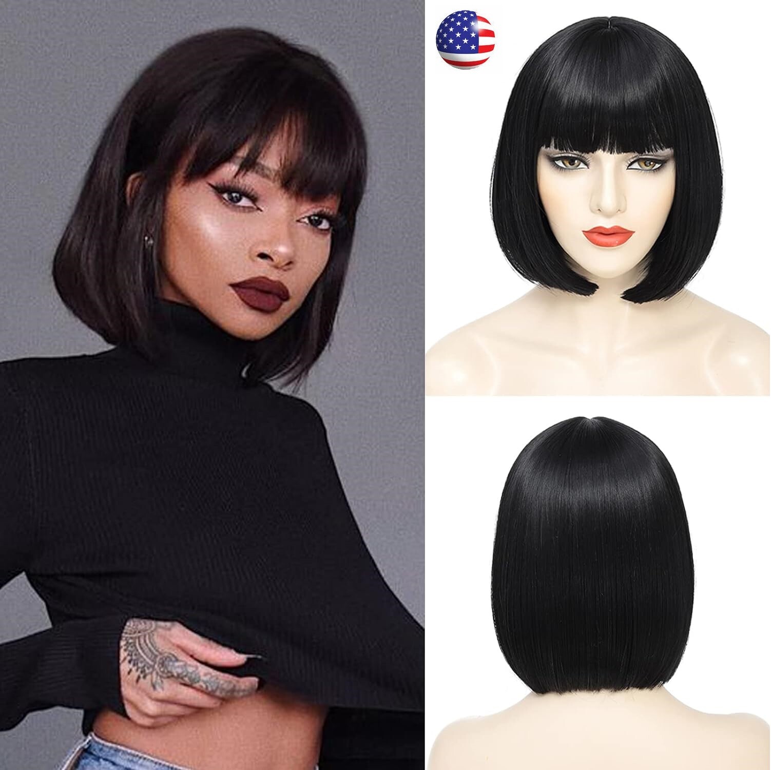 13″ Black Bob Wig with Bangs Short Bob Wigs Women Short Black Wig Heat Daily USA