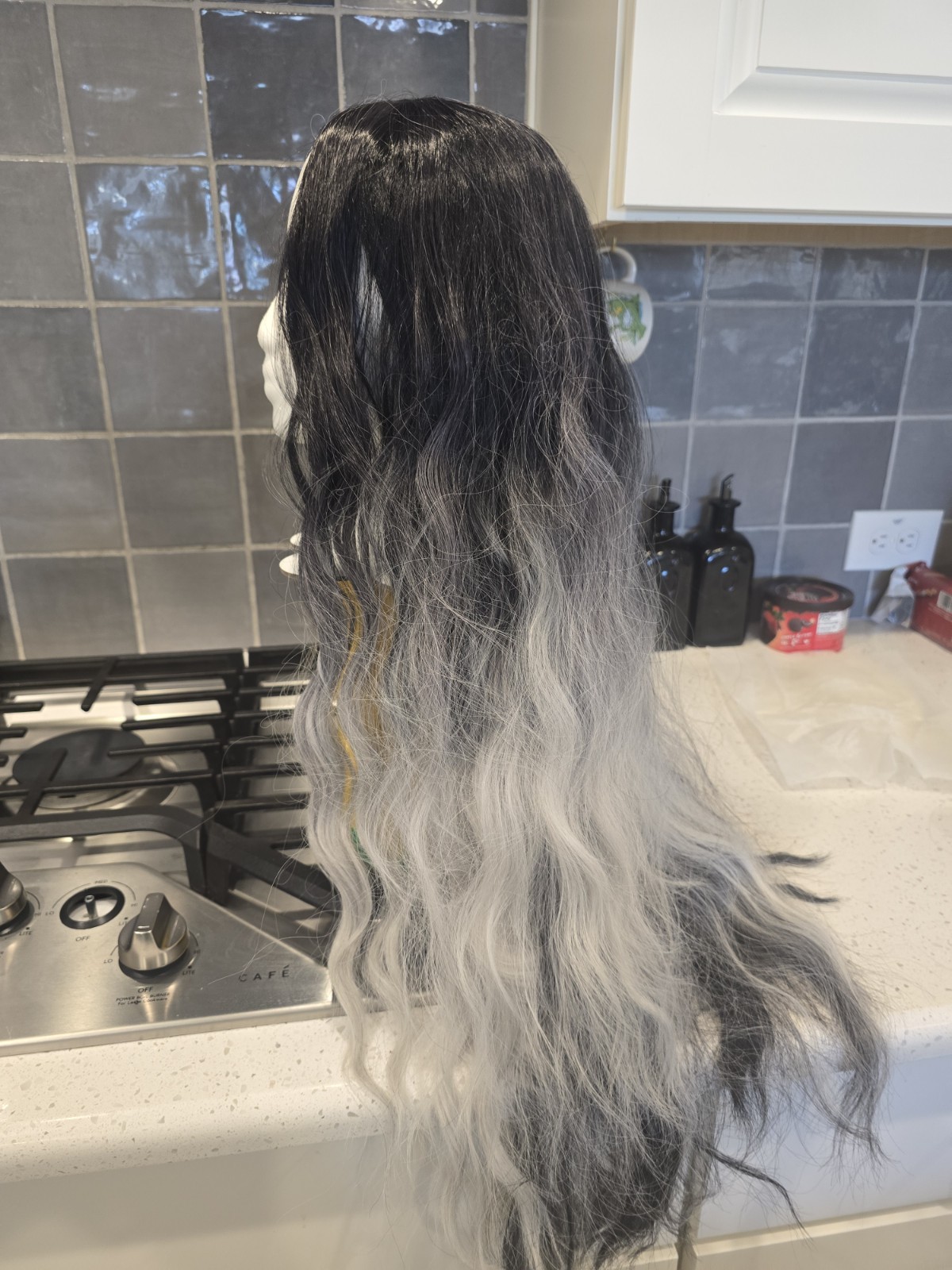 Long Wavy Black And White Wig, 30″ Synthetic Classic Cap