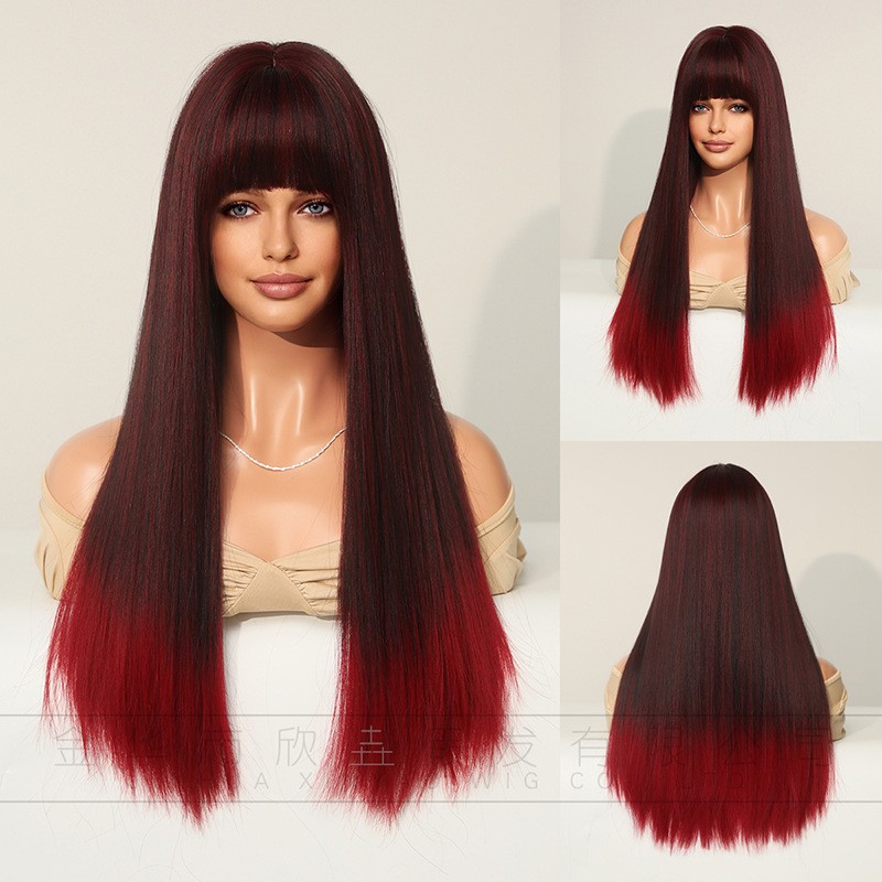 24 Inch Black To Red Ombre Long Curly Full Head Wig For Women European American