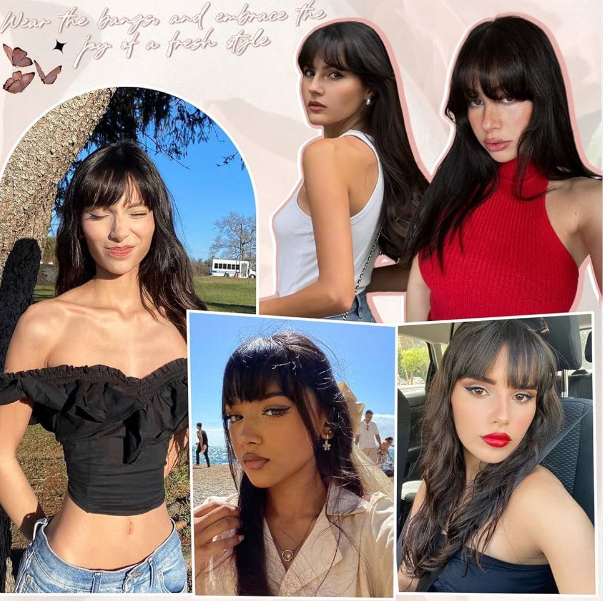 Real Human Hair Clip On Bangs Brown Black Wispy Fringe w/ Temples
