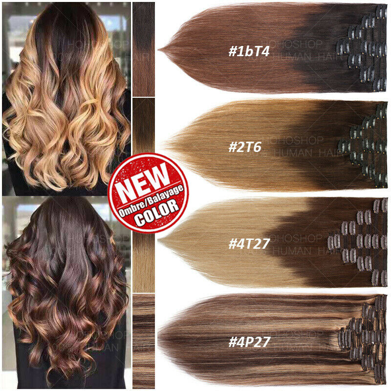 THICK 8PCS Clip In 100% Remy Human Hair Extensions Ombre Full Head Blonde White