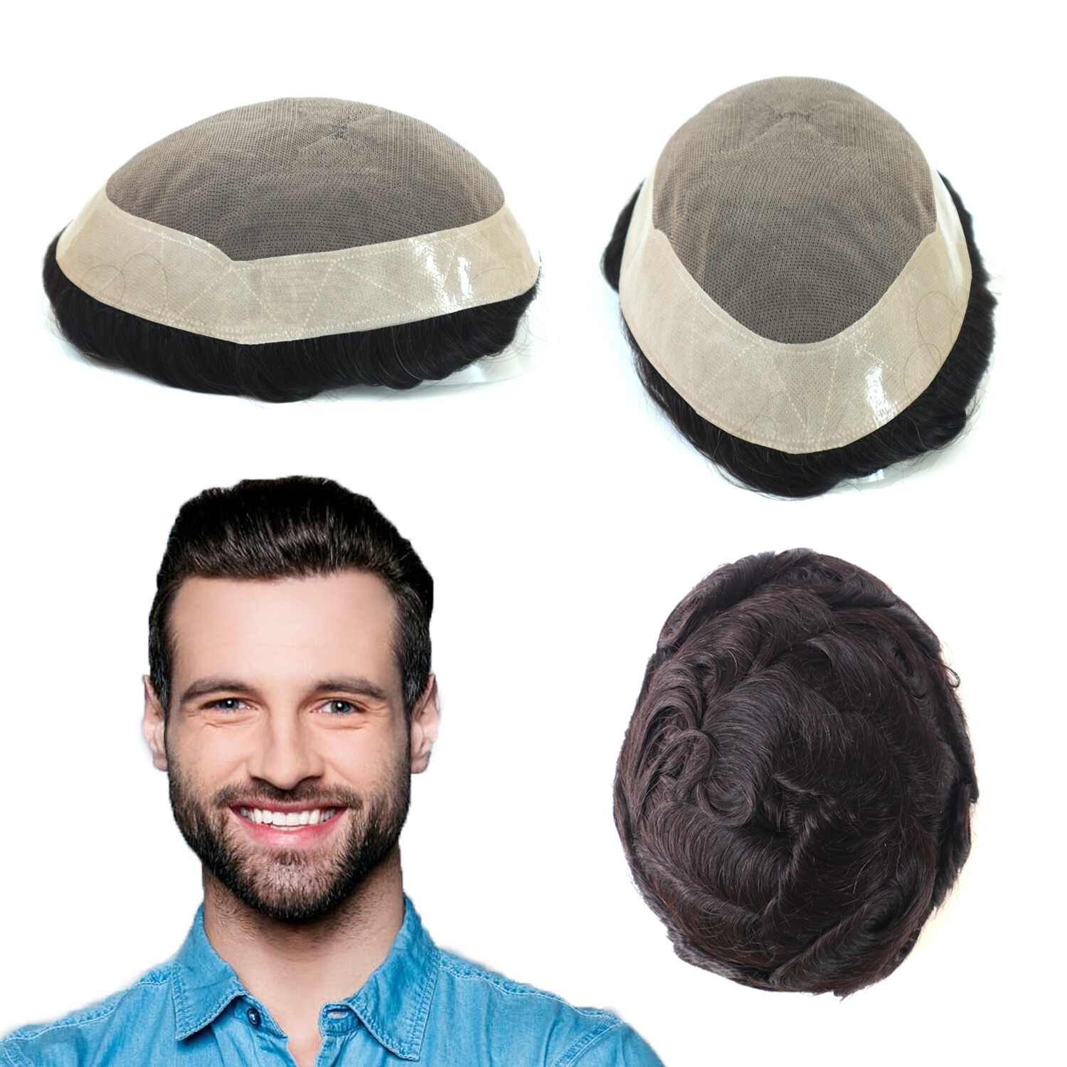 Natural Mens Human Hair Replacement System Hairpiece Fine Mono Gents Toupee
