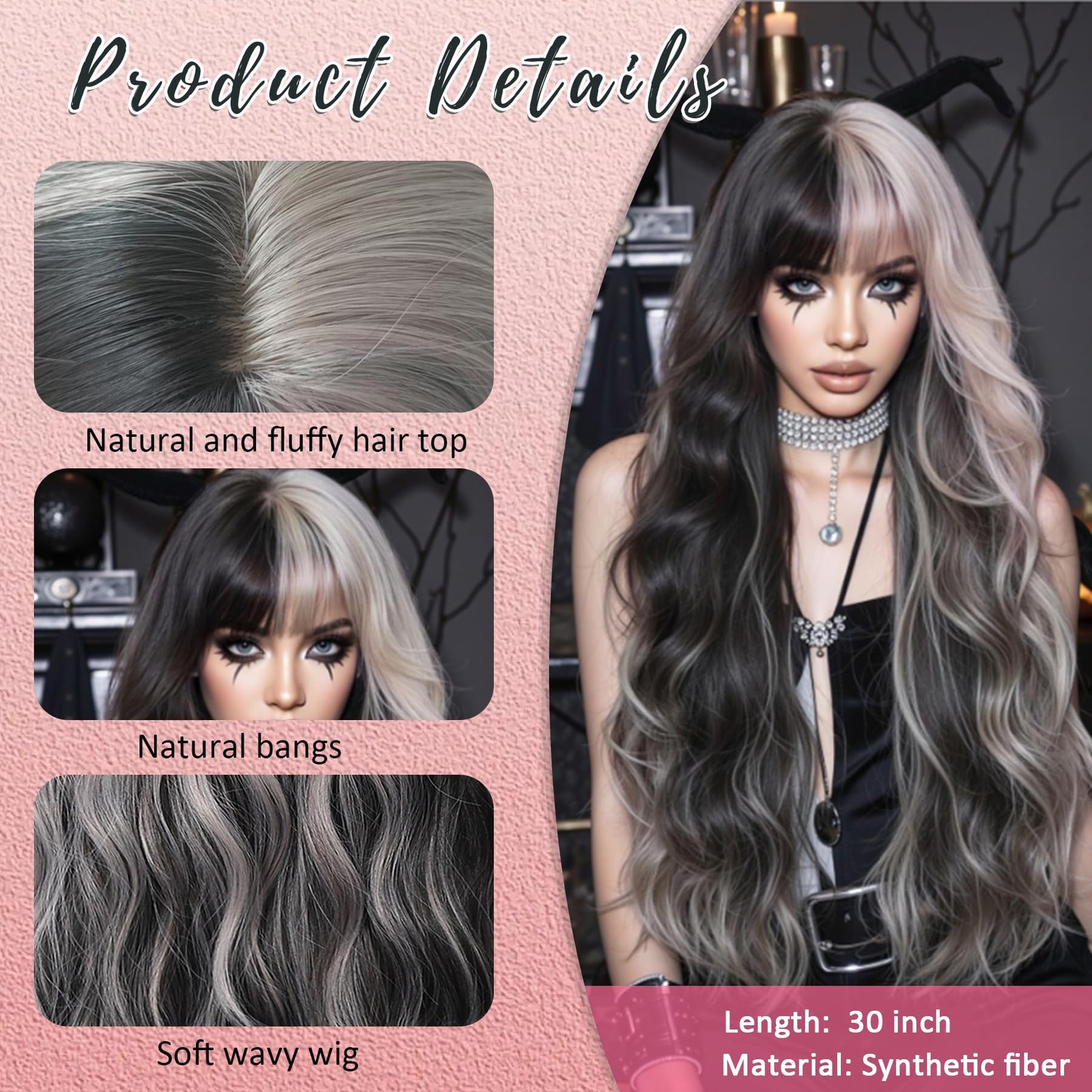 Silver Grey Black Highlighted Wig Long Wavy Wig with Bangs Synthetic Wigs for…