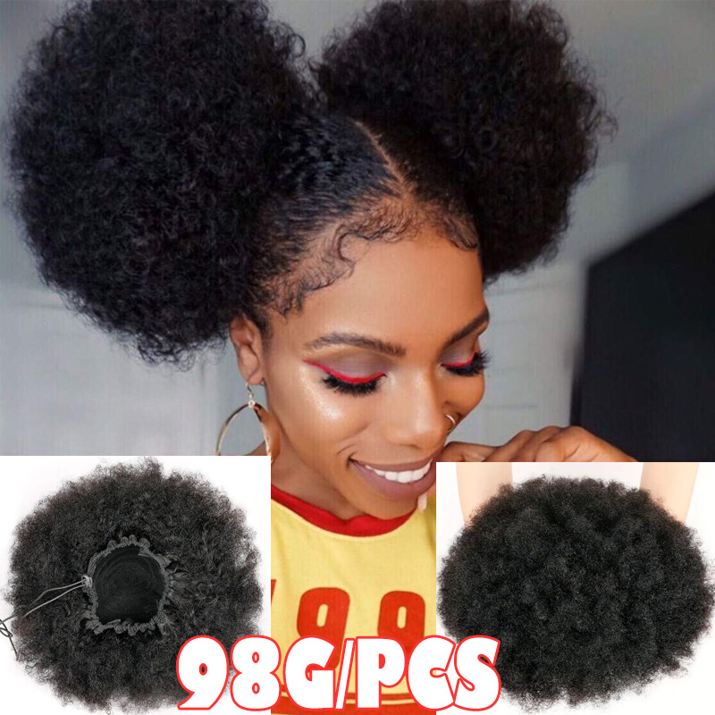 Clip in Human Afro Puff Drawstring Ponytail Bun Scrunchie Updo Chignon Hairpiece