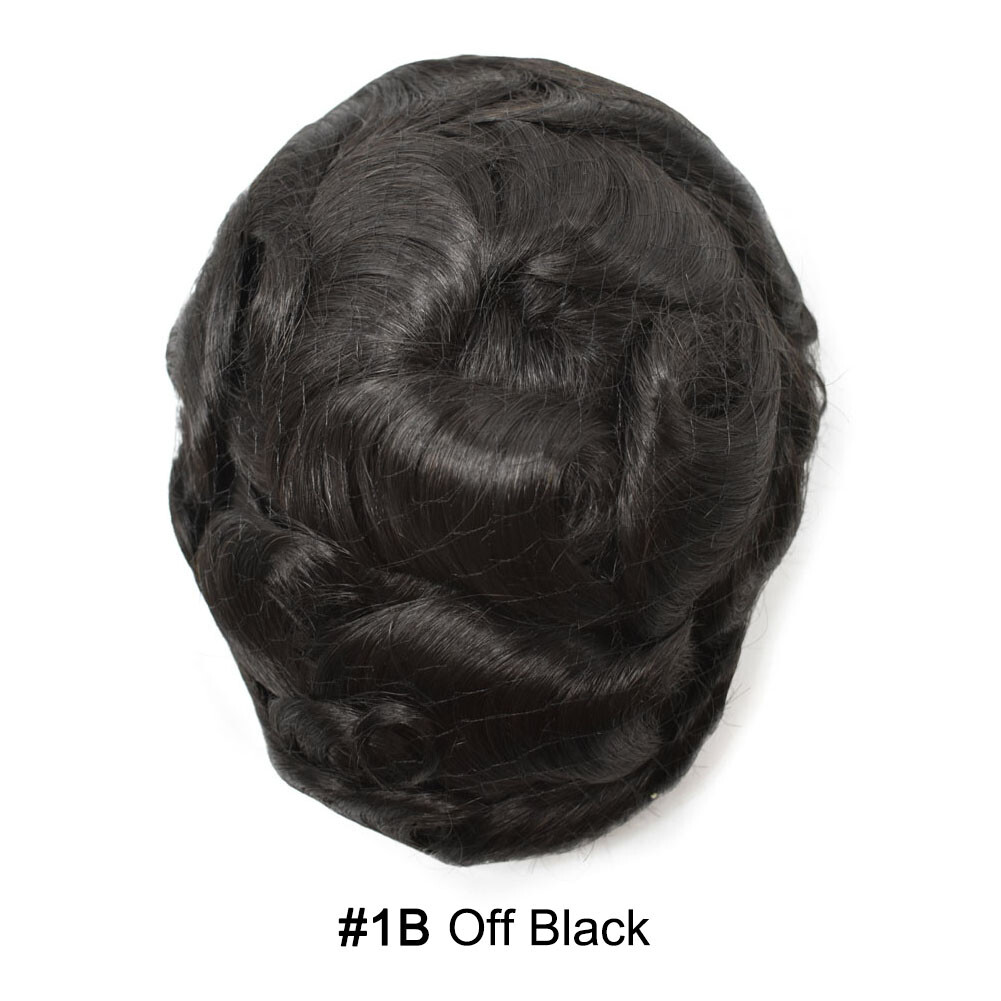 Fine Mono Mens Toupee Human Hair Replacement System Medium-Heavy Black Hair Unit