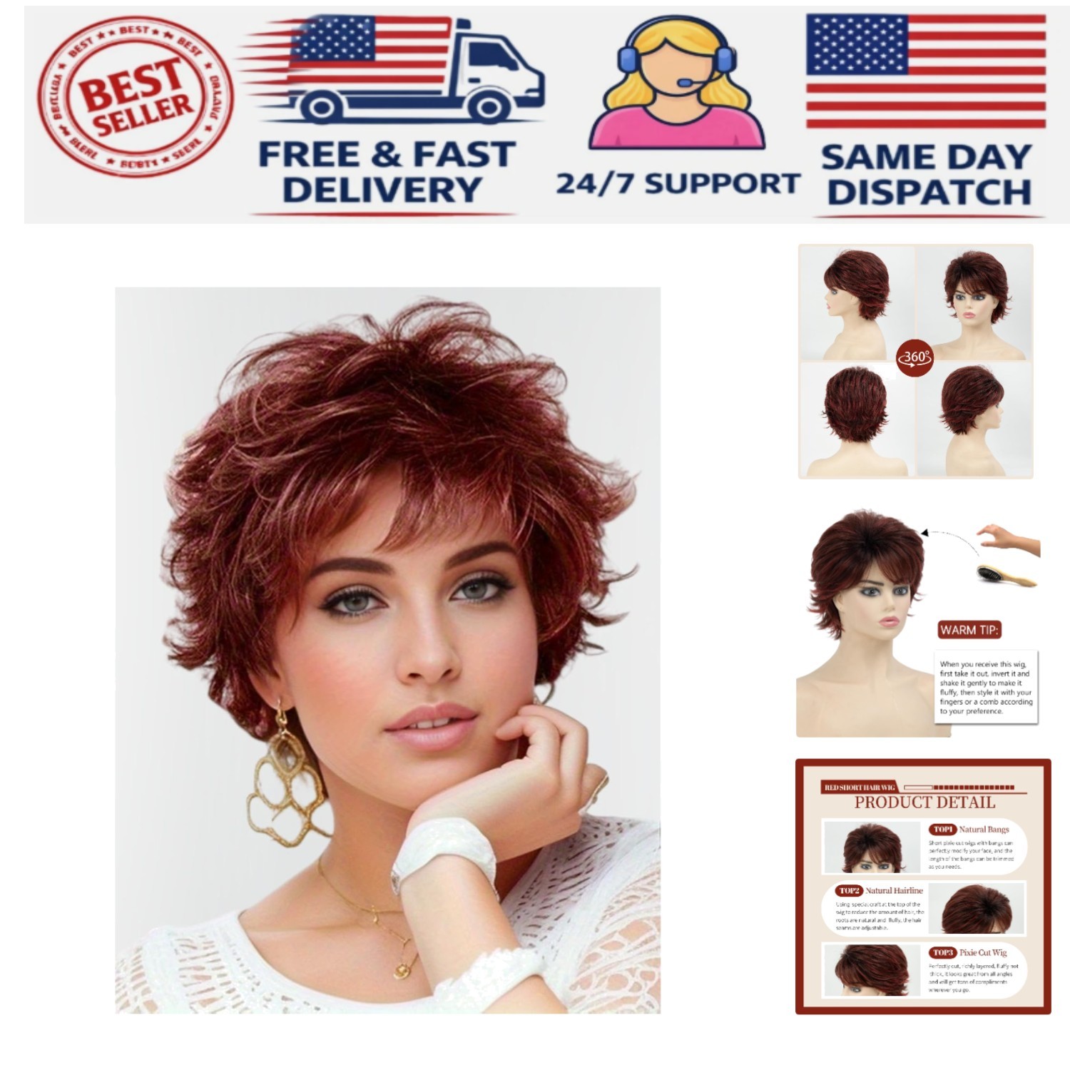 6-Inch Ombre Red Curly Wig with Bangs – Comfortable, Stylish, and Tangle-Free