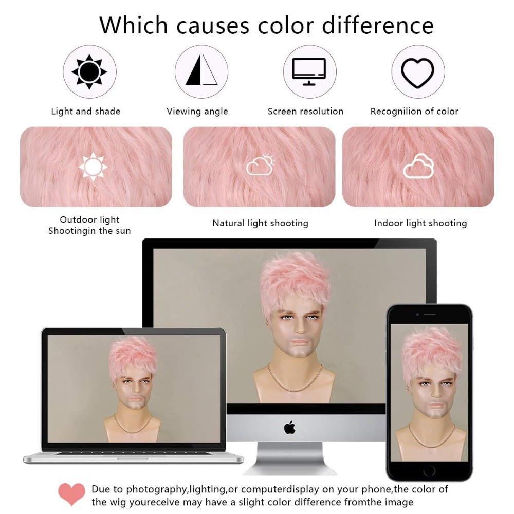 Men Pink Wig Layered Short Beanie Hairpiece Male Full Hair Universal Cosplay Wig