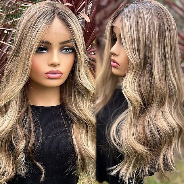 Remy Human Hair 13×4 Lace Front Wig Brazilian Hair Wavy Ash Blonde Highlight