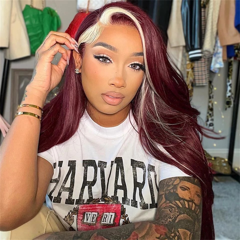 Lace Wig With Blonde Highlights Long Body Wave Synthetic Wig Heat Safe
