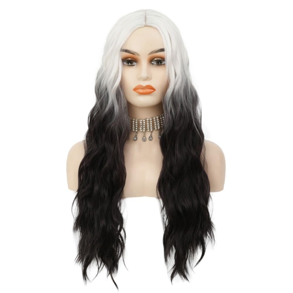 Siudus White To Black Cosplay Wigs For Women Long Curly Wavy Middle Party Hair