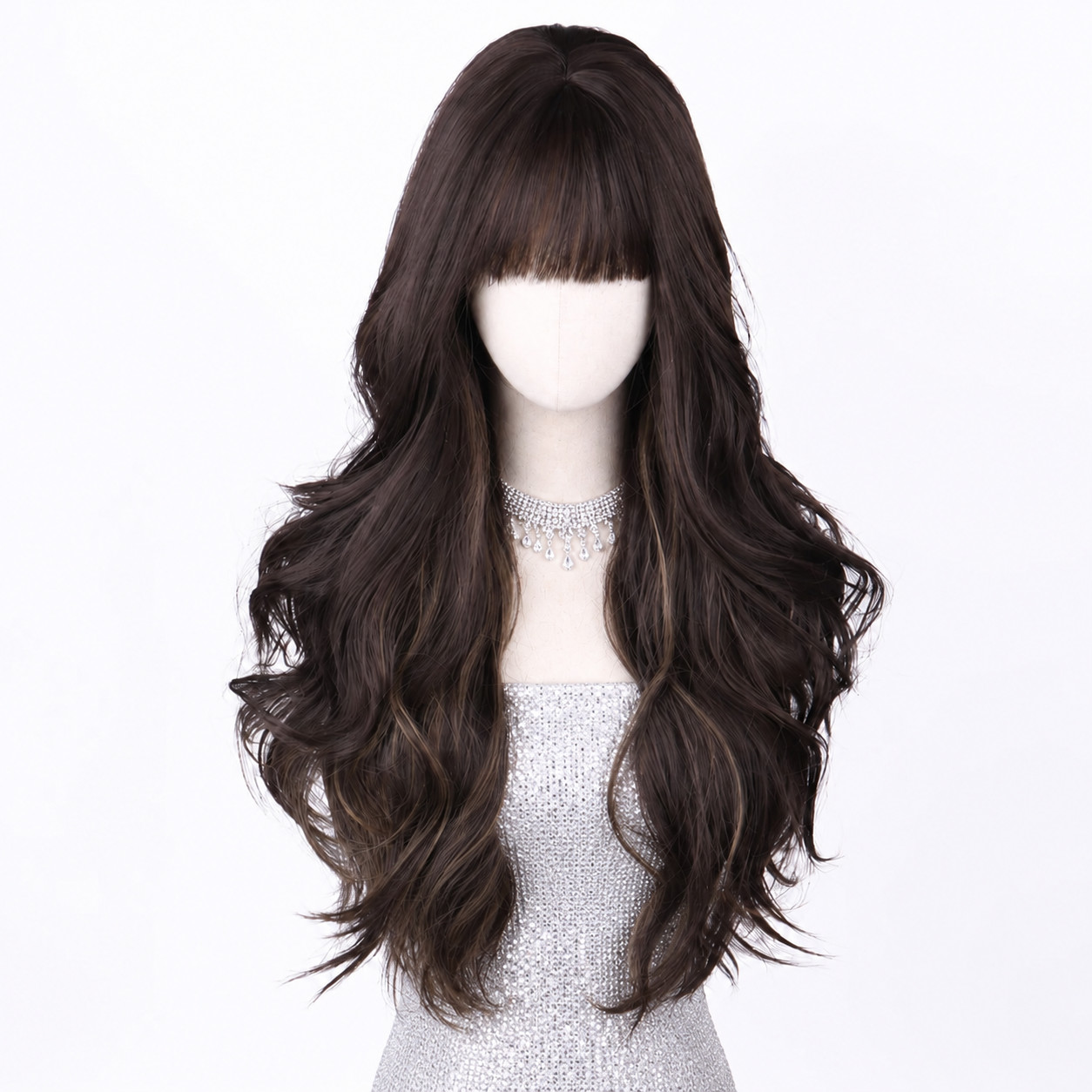 Mixed Brown Long Wavy Costume Wig With Fringe Heat Resistant Synthetic Hair