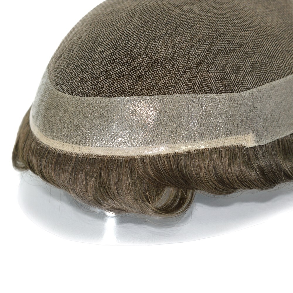 Mens Toupee French Lace Human Hair Replacement Poly System Brown Hair Pieces #6