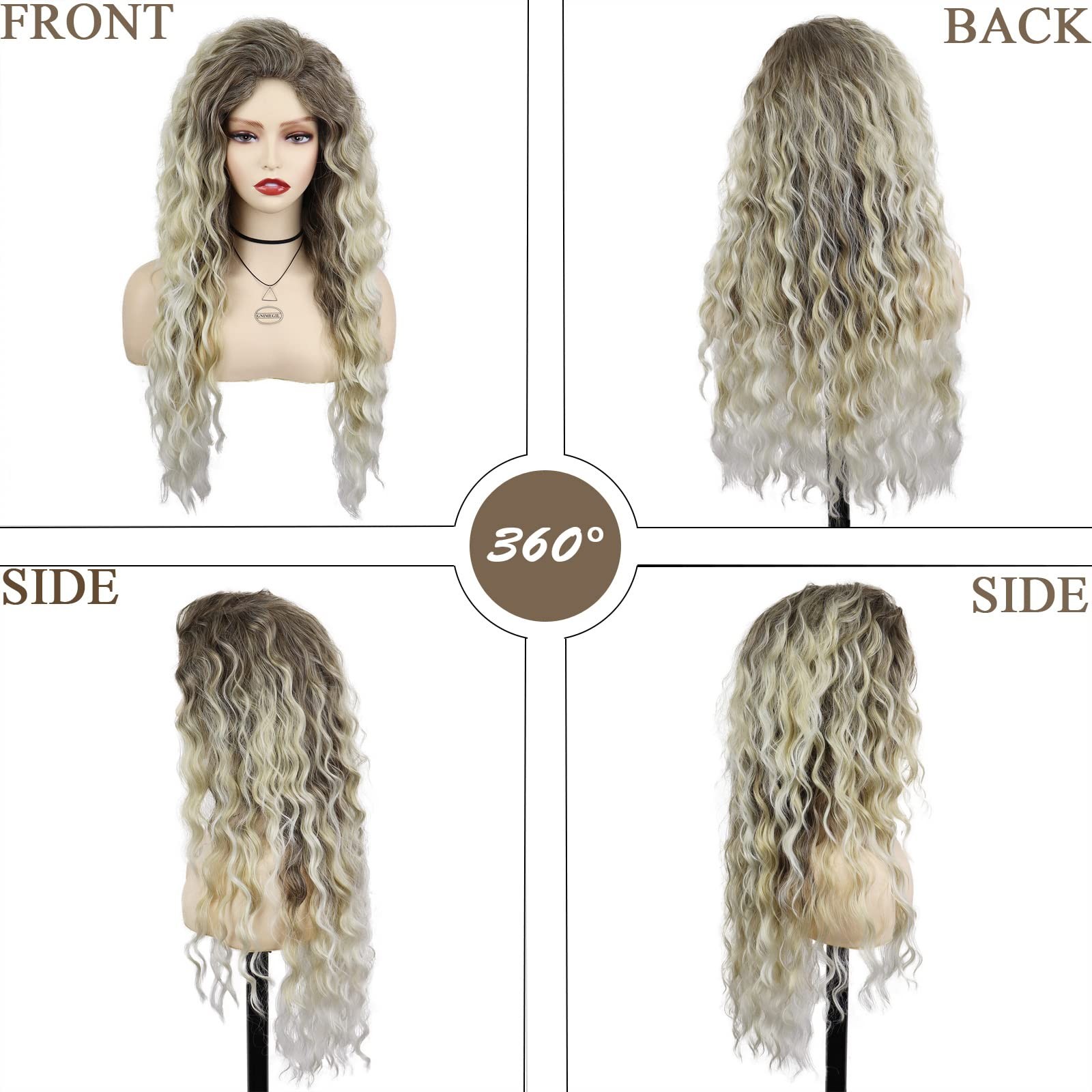 26 Inch Ombre Ash Blonde Curly Wig 80s Long Wavy Wigs For Women Fluffy Synthe…