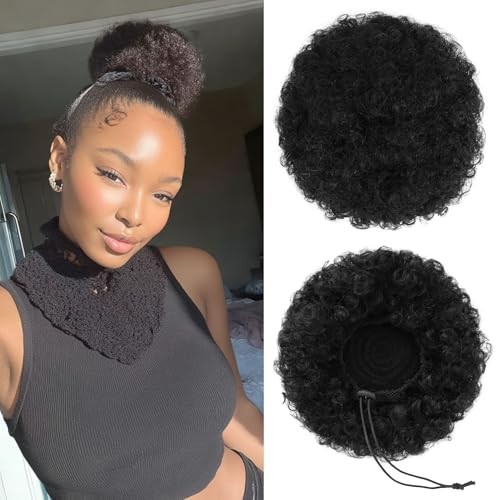 100% Human Hair Afro Puff Drawstring Ponytail for African M-1PCS Natural Black