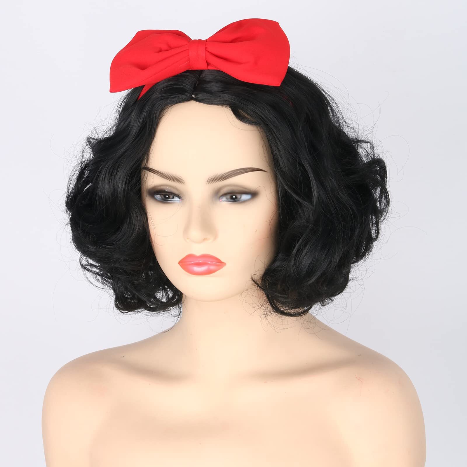 Womens Wig Black Short Curly Cosplay Wigs with Bow Headband Halloween Costume…