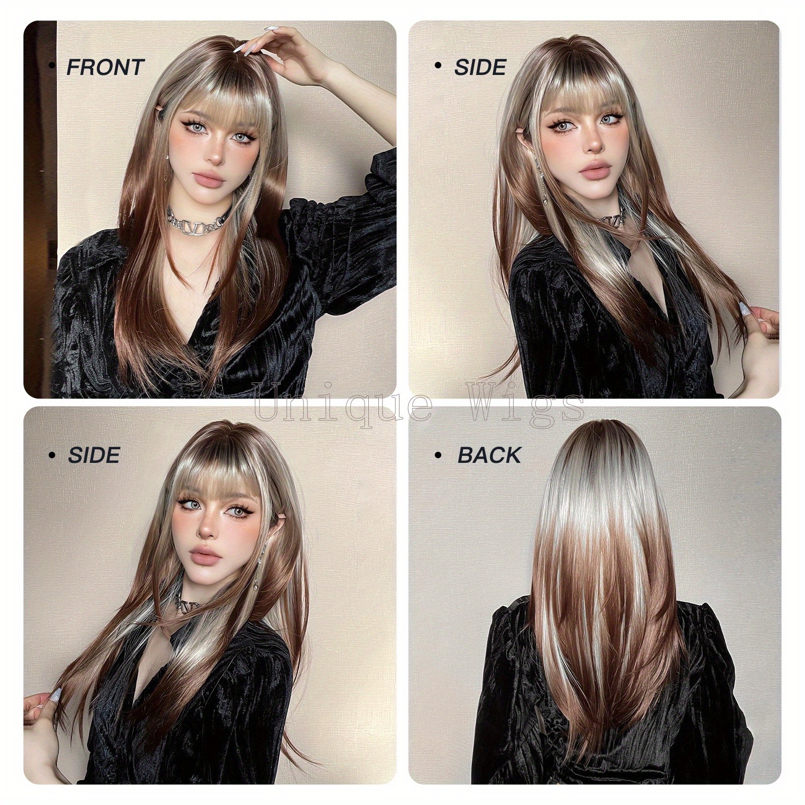 22 Inch Ombre Long Straight Wig Women’s Synthetic Hair Matte Finish Rose Net Cap