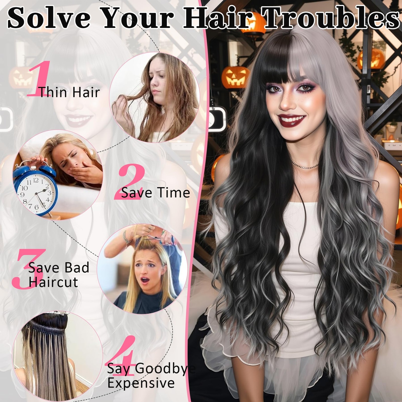 Silver Grey Black Highlighted Wig Long Wavy Wig with Bangs Synthetic Wigs for…