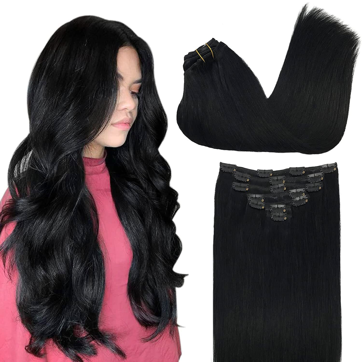 Clip in Hair Extensions Real Human Hair Durable Clip-on Sewn Wefts Hair 8pieces
