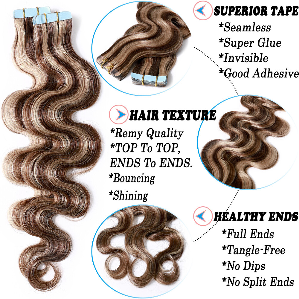 Invisible Brown Tape In Real Remy Human Hair Extensions 20/40/60 Pcs Thick Q396
