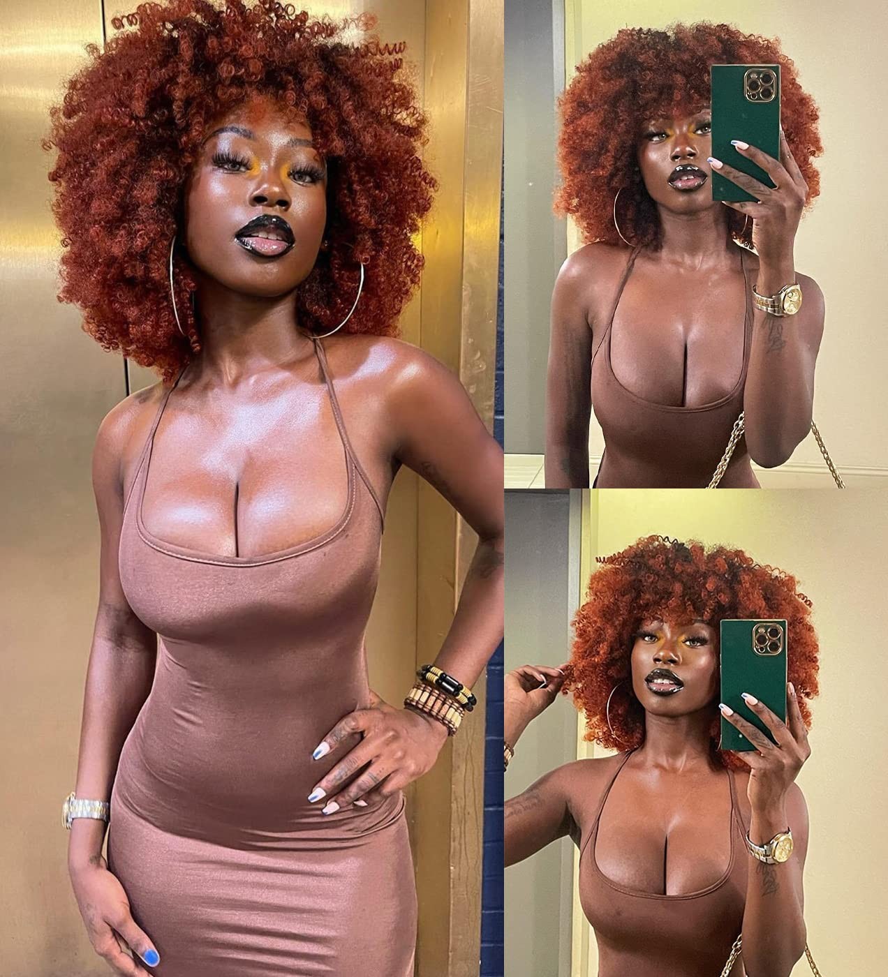 Ombre Brown Curly Wigs for Black Women 14 Inch Short Afro Curly Wig with Bangs G