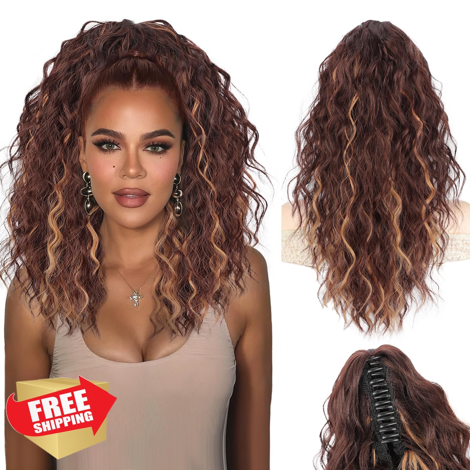 Stamped Glorious 18″ Curly Brown Blonde Ponytail Extension