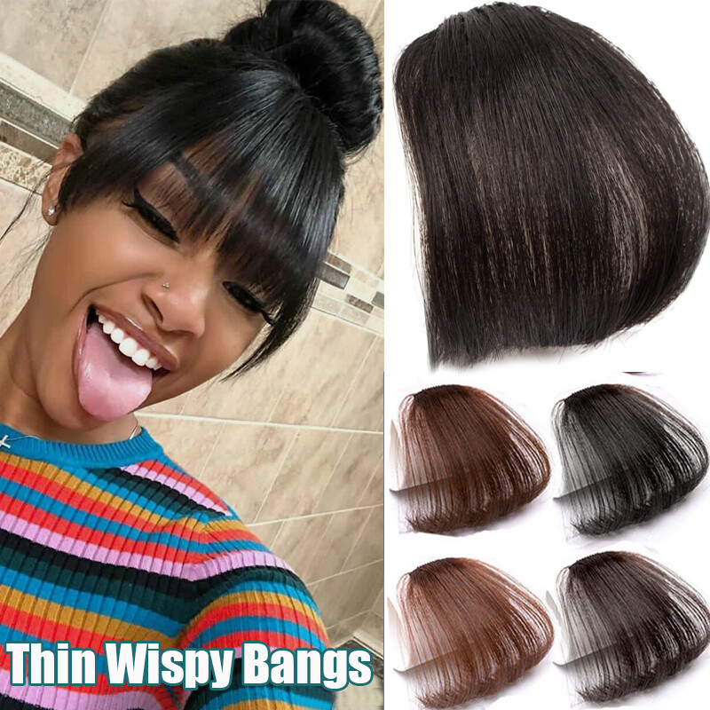 NEW Natural Human Hair Extension Clip in Front Hairpiece Thin Air Bang No Temple