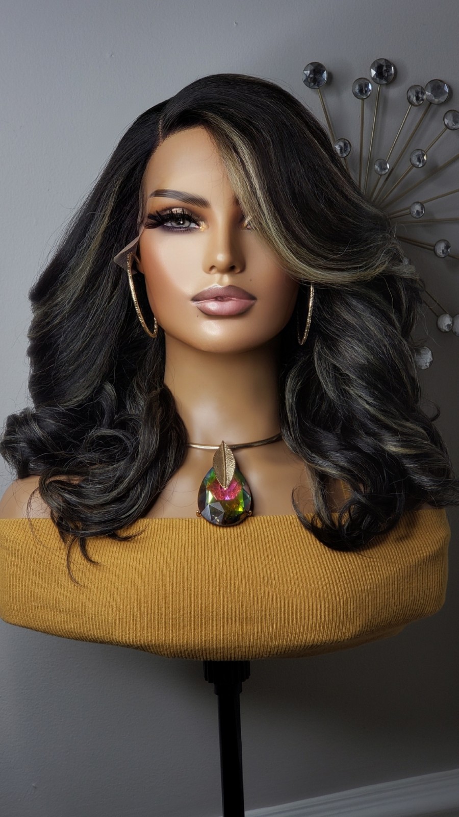 New Big Curls Lace Front Wig Black Blonde Highlights Womens Fashion Hair Wigs
