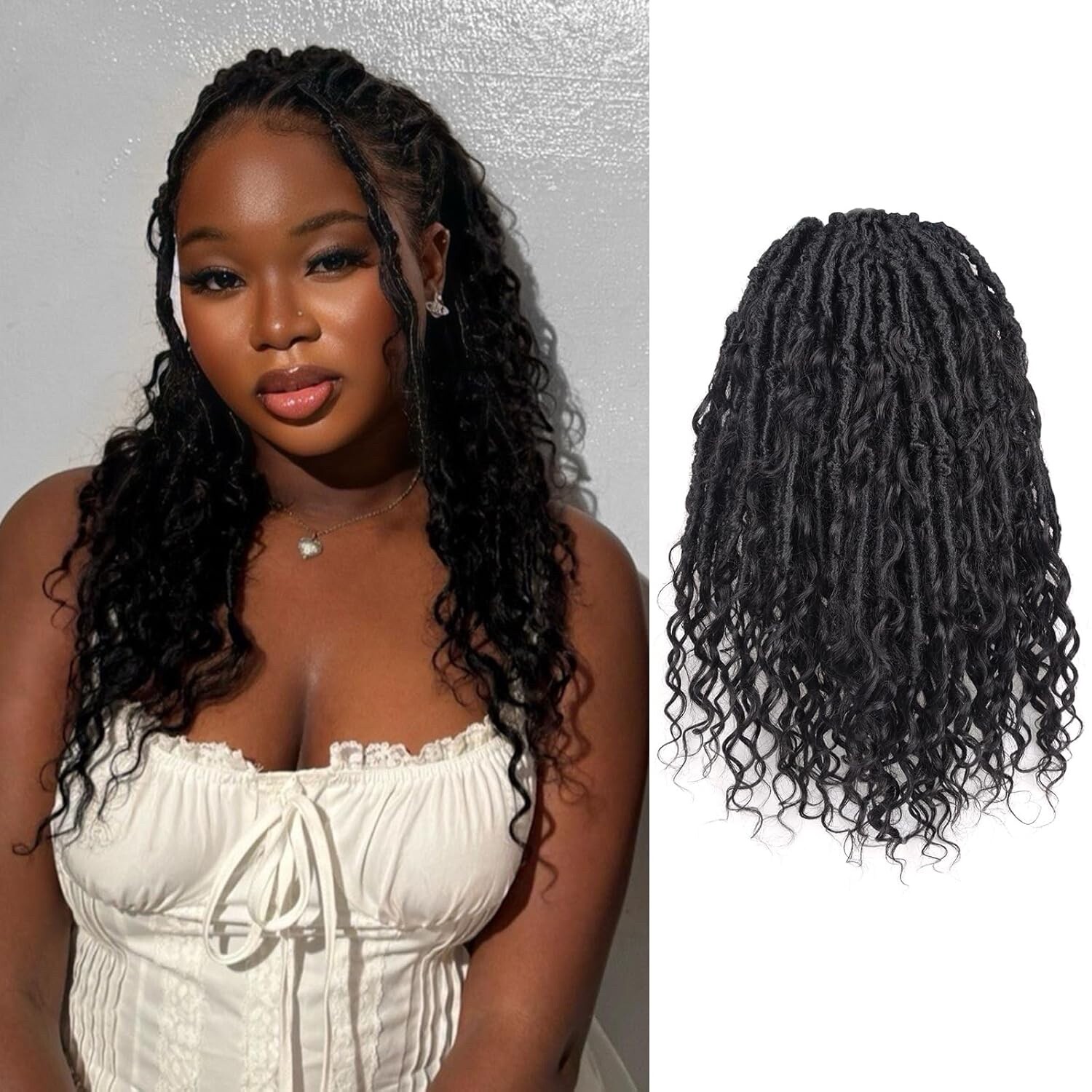 Boho Crochet Locs With Human Hair Curls – 18 Inch 8 Packs Natural Black Hand- GI