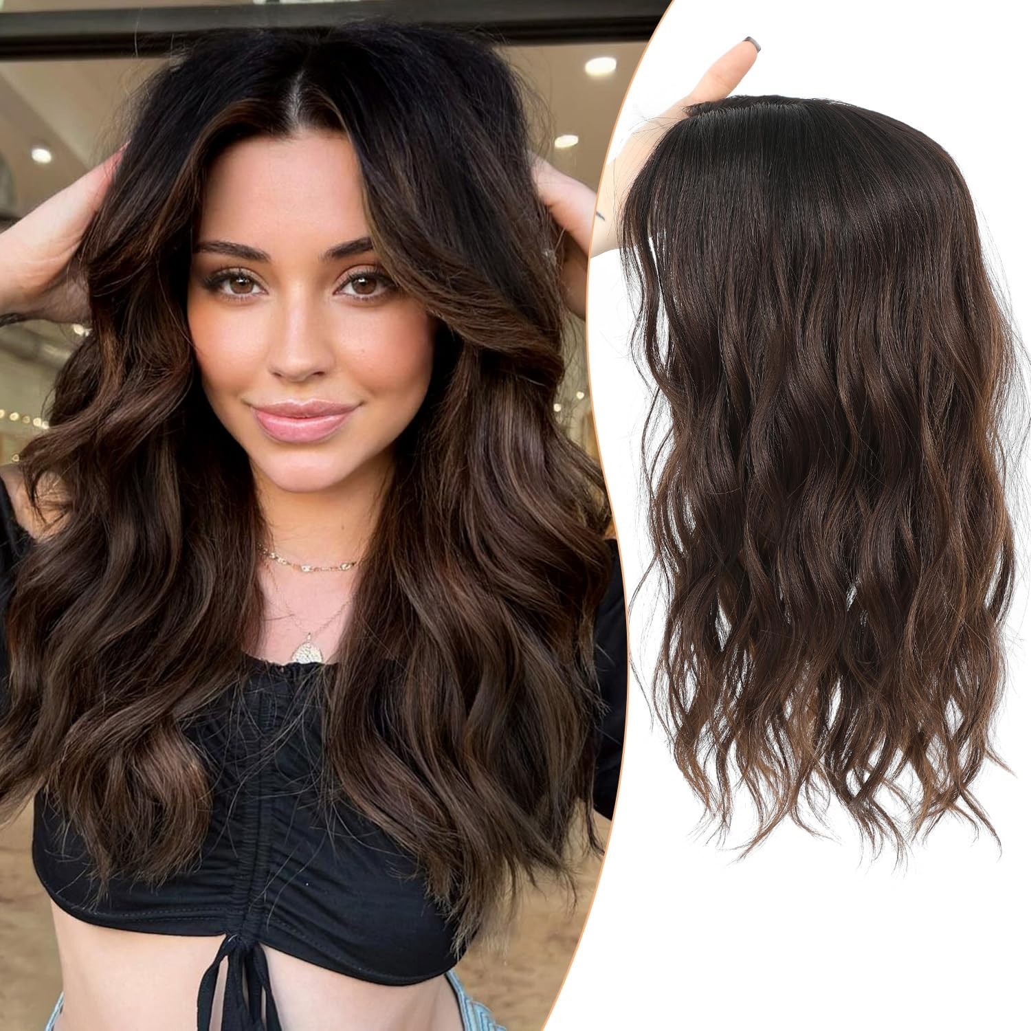 Chocolate Brown Ombre Dark Root Wavy 16in Women Premium Hair Topper