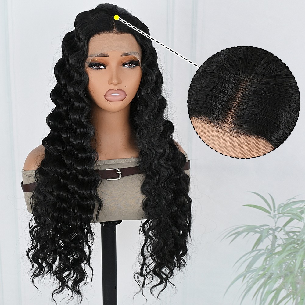Long Black Hair Deep Wave Synthetic Lace Front Wigs Pre Plucked Natural Hairline