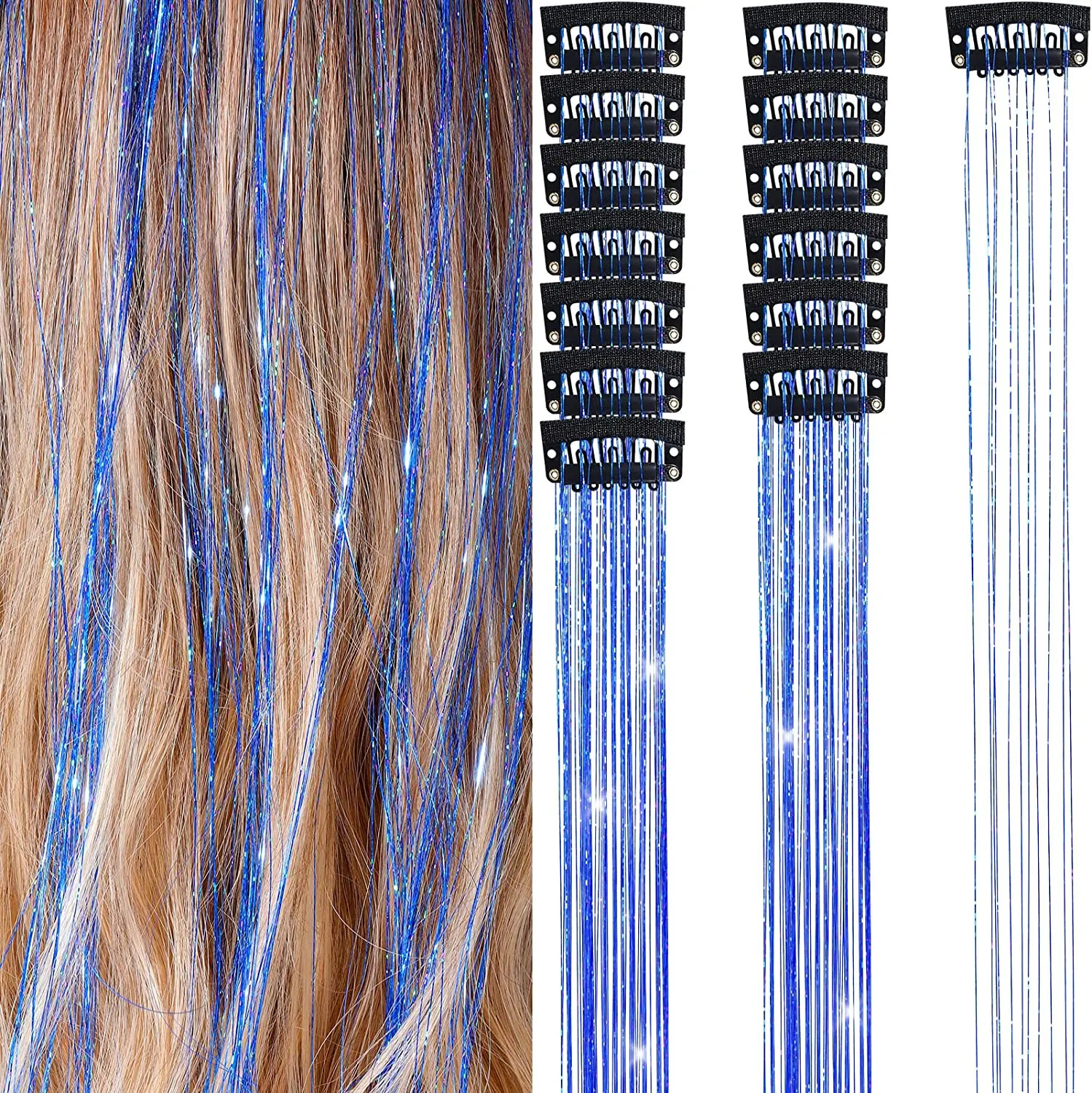 50cm Sparking Shiny Hair Tinsel Extensions Synthetic Clip In Hair Extensions