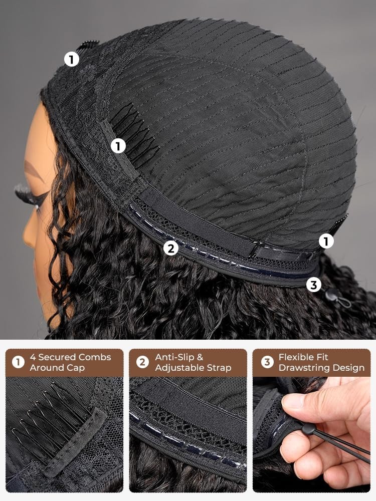 250% Density Curly Half Wig Human Hair – Glueless 3-in-1 Drawstring Clip-Ins, 16