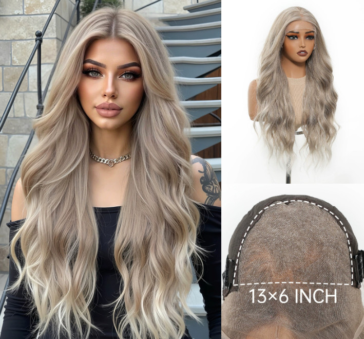 Long Wavy Ash Blonde Mix Brown Human Hair Blend Full Lace Front Wig Heat OK Wigs