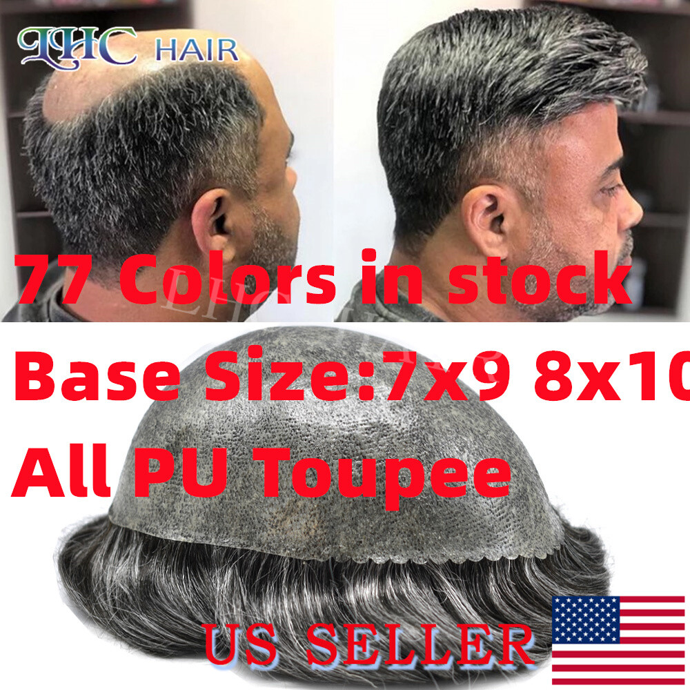 Mens Toupee All PU Human Hair Replacement System Grey Black Brown Hairpiece Wigs