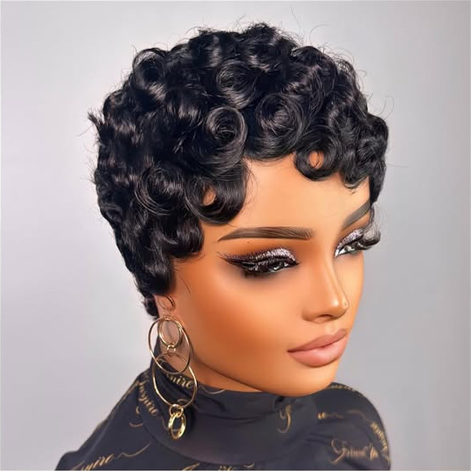 Black Women Human Hair Wigs 1B Color Curly Pixie Cut Finger Wave Style Short