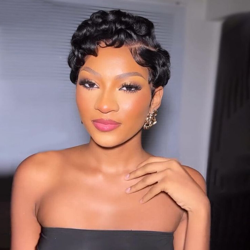 Short Pixie Cut Finger Wave Human Hair Wigs for Women Lace Front Wig L Part