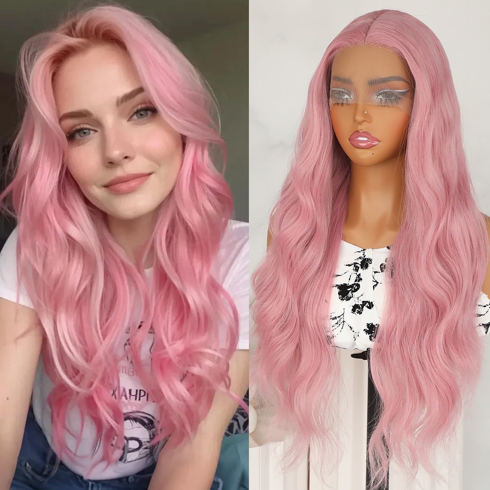 Long Wavy Pink Lace Front Wigs Heat Safe Middle Part Body Wave Hair Women Party