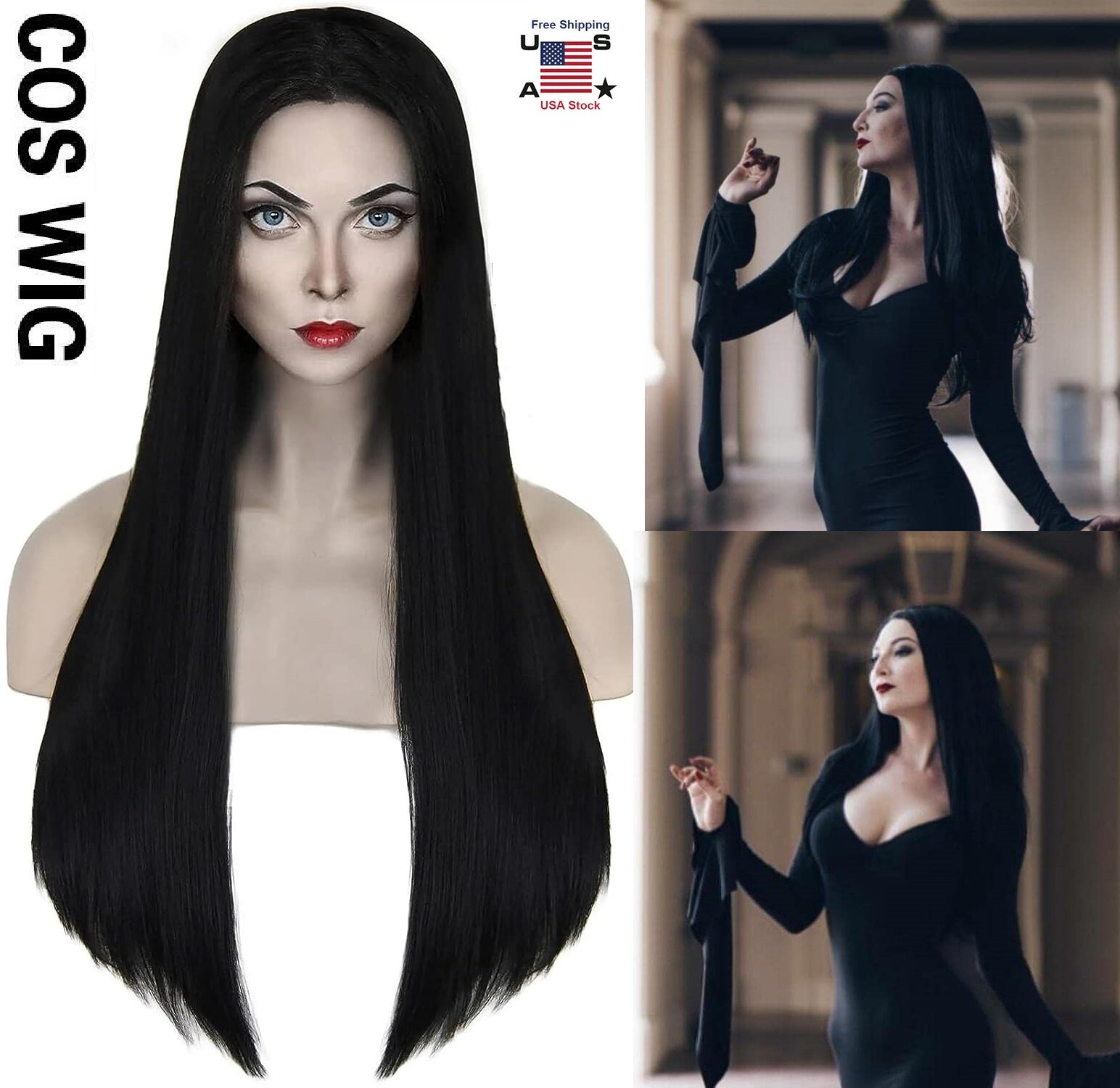 27″ Long Black Straight Wigs Women Hair Wigs Natural for Halloween Cosply Wig US