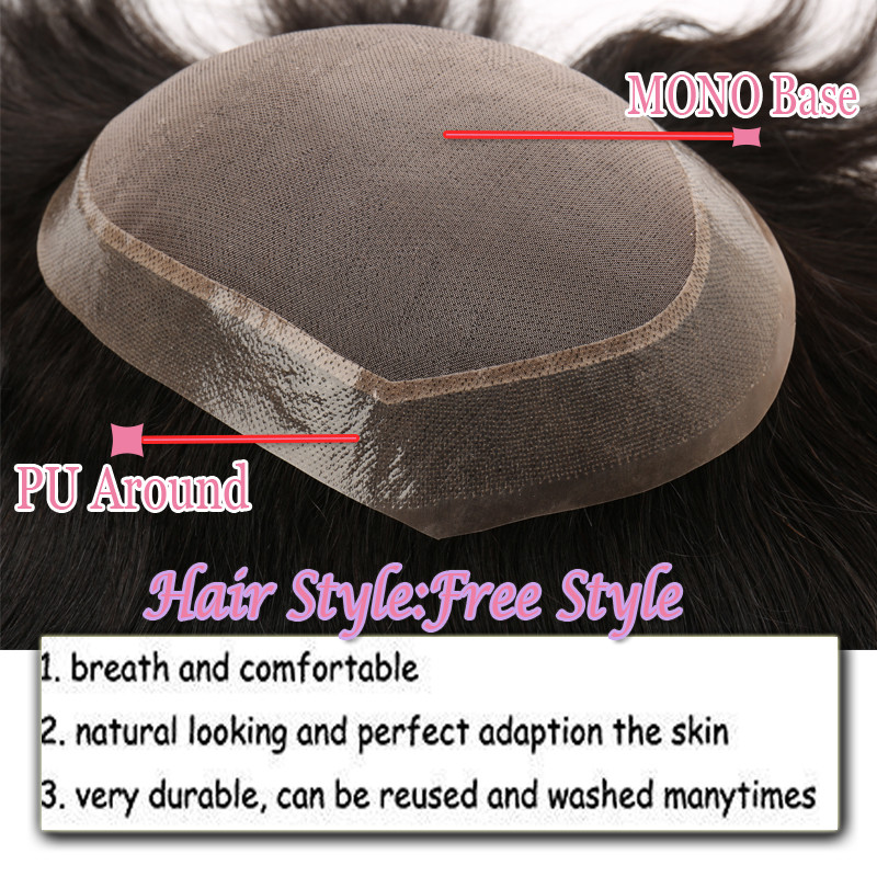 MONO Mens Toupees Replacement System Wigs 100% Real Virgin Human Hair Straight F