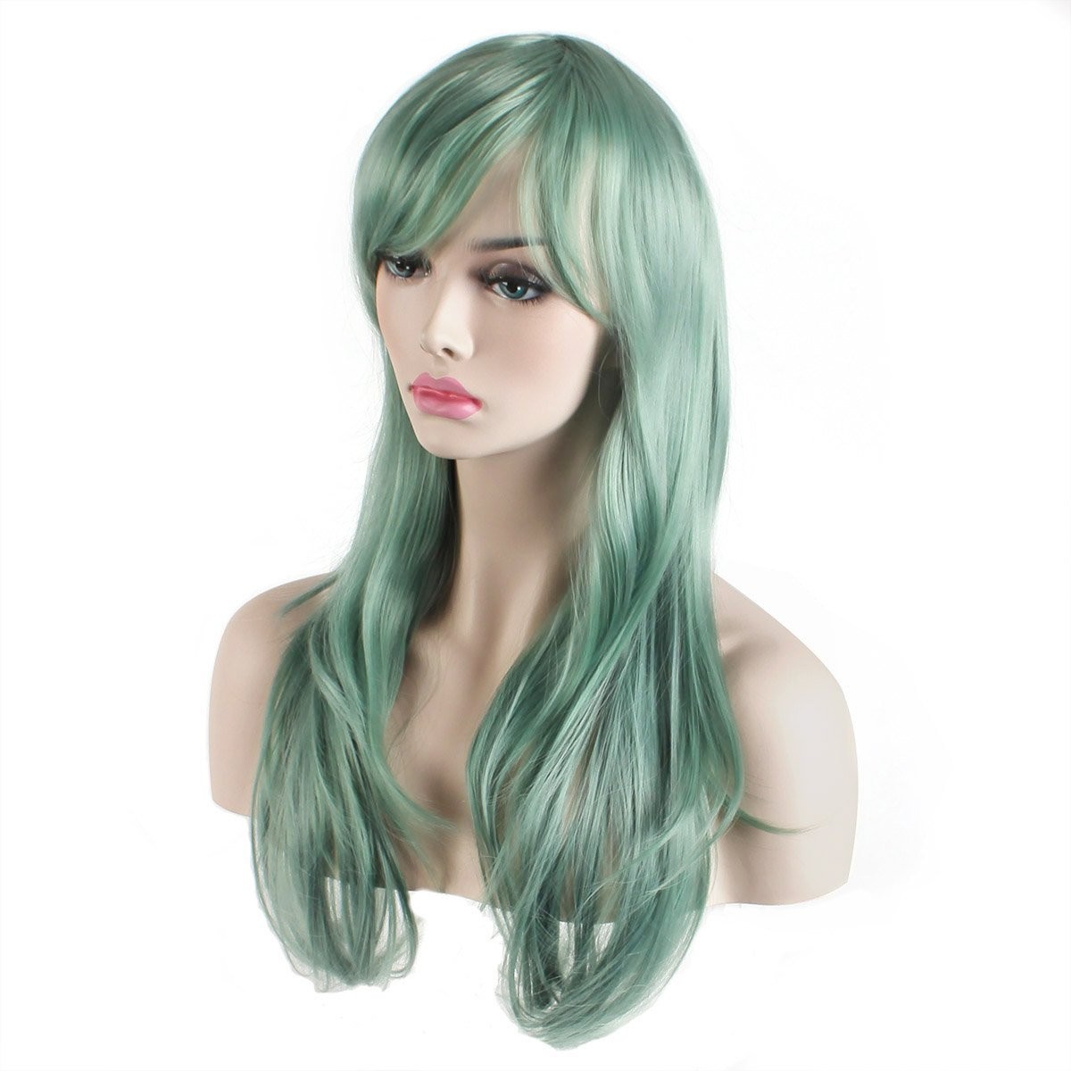 Trendy 28-Inch Long Wavy Curly Wig in Grey Green – Perfect for Halloween & More