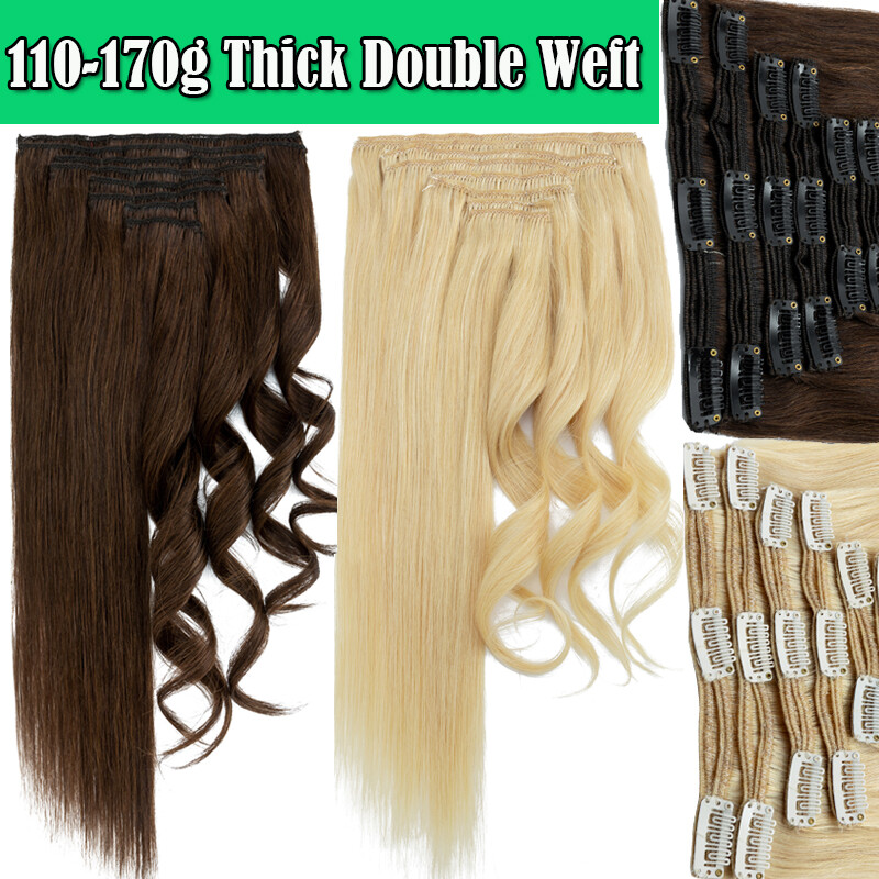 120G THICK Double Weft Clip In 100% Remy Human Hair Extensions Full Head Clip On