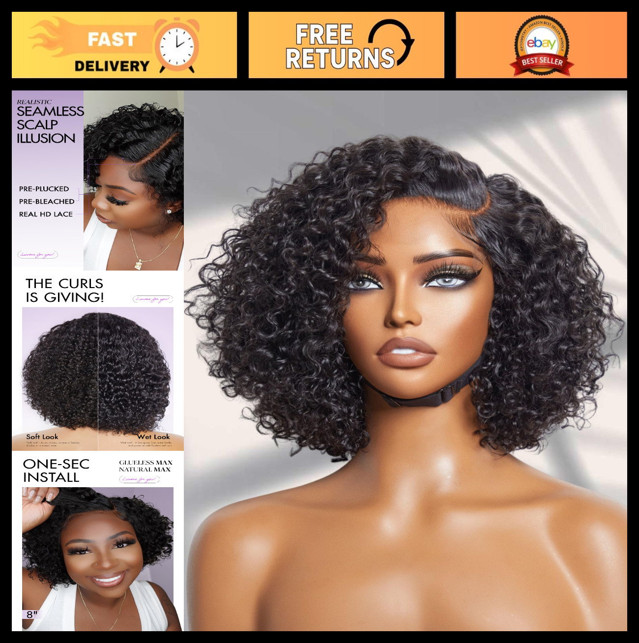 Short Curly 10″ Human Hair Wig – Glueless Lace Closure, Undetectable HD Lace