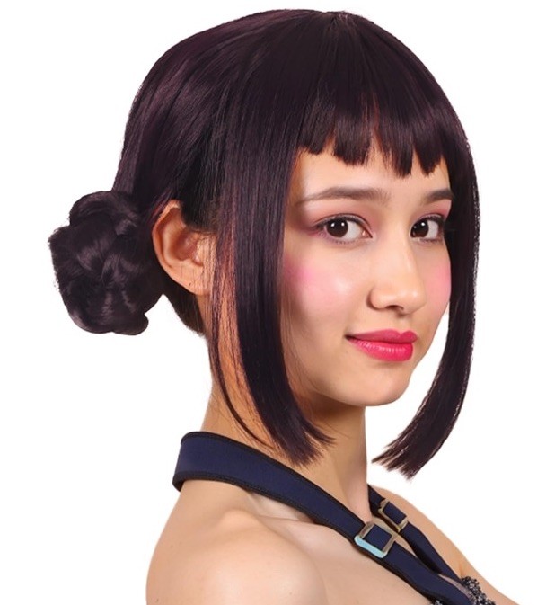 FantaLook Short Black Purple Cosplay Wig With 2 Buns ComicCon DressUp Halloween