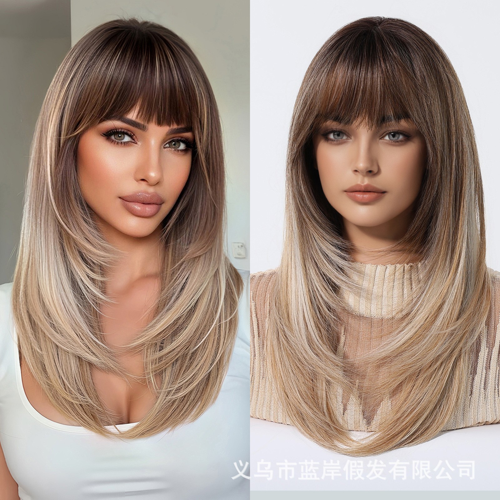 Platinum Blonde Long Straight Wig With Bangs Layered Full Head Synthetic Wig