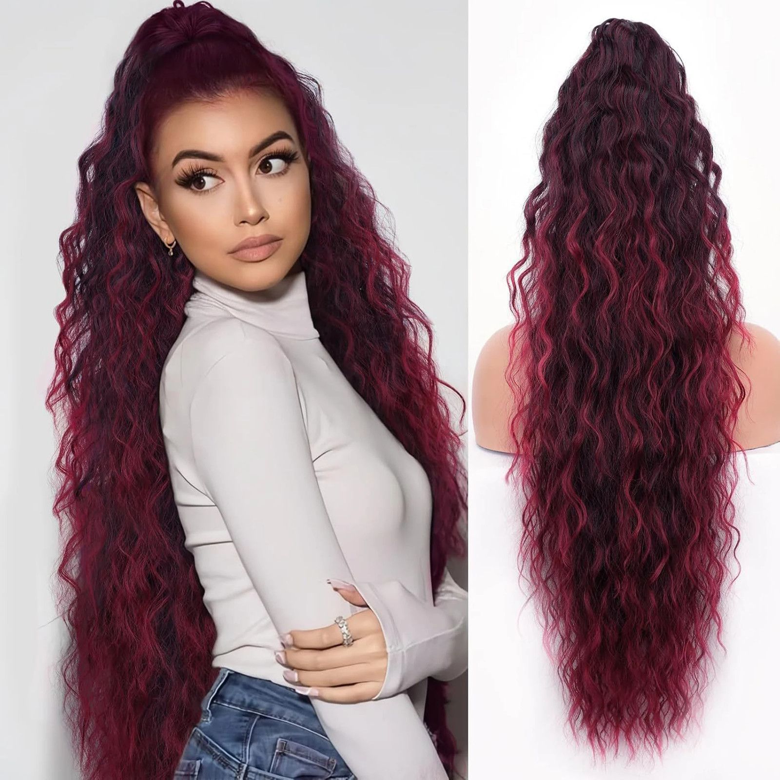 Black Brown Long Wavy Curly Synthetic Claw Clip In Ponytail Fake Hair Extension