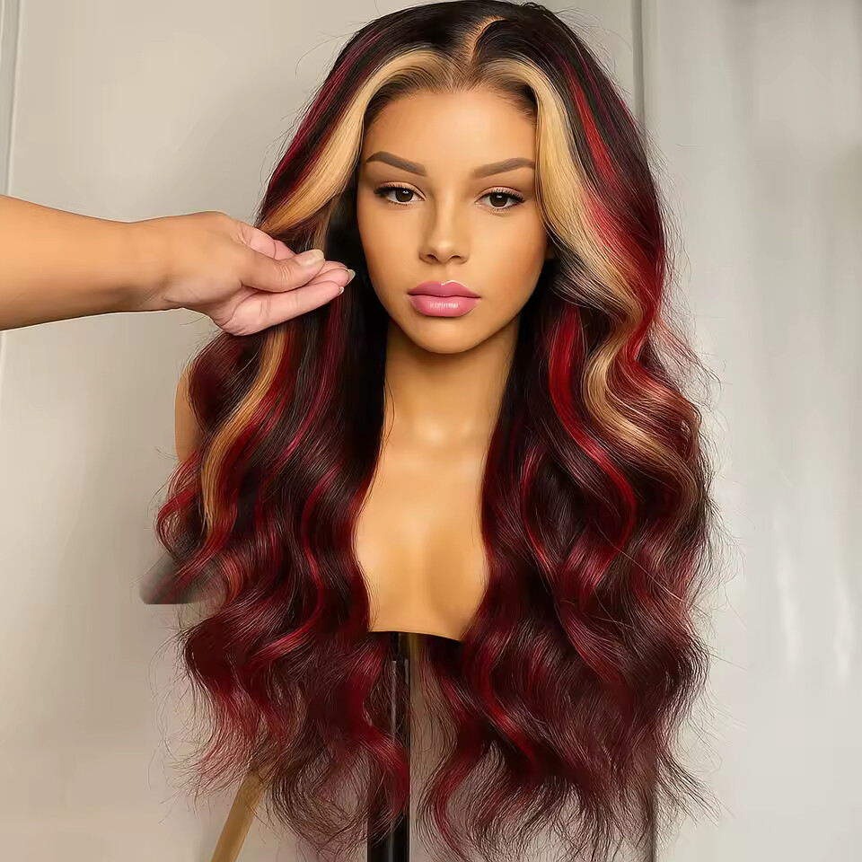 Ombre Red With Blonde Highlights Body Wave Glueless Wigs Human Hair Burgundy Red