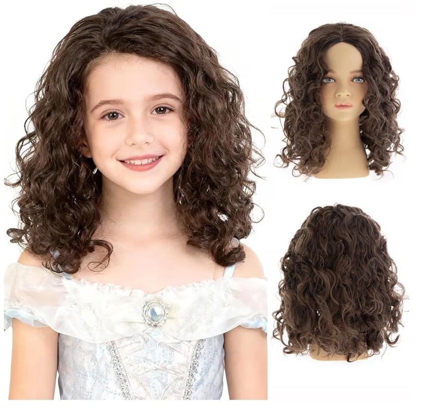 Kids/Girls/Petite Curly Brown Synthetic Wig with Middle Part