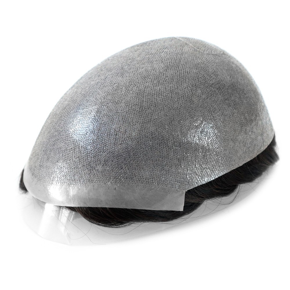 Mens Toupee Thin Skin Human Hair Replecement 8-10mm System Hairpieces Grey Hair