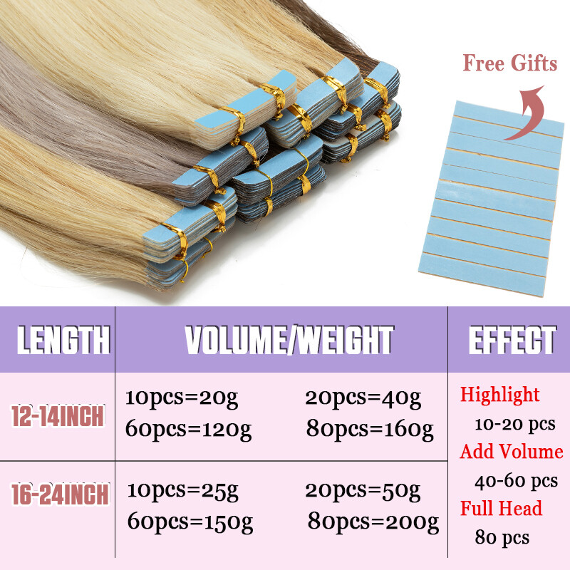 Any Color Tape In/ on 100% Human Real Remy Hair Extensions Skin Weft Invisible