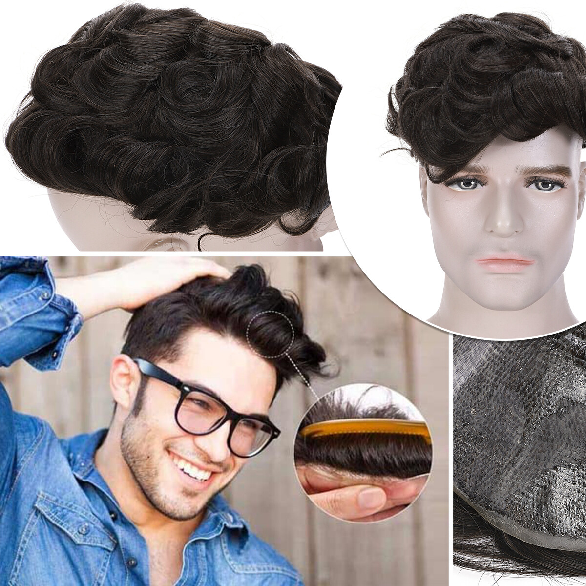 Men Toupee Hairpiece Tape In Human Hair Thin Skin V-loop Replacement System Gray